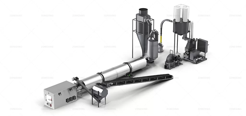Flowchart for sagasse dryer includes: belt conveyor,furnace,rotary dryer,dust collection system,control system etc..