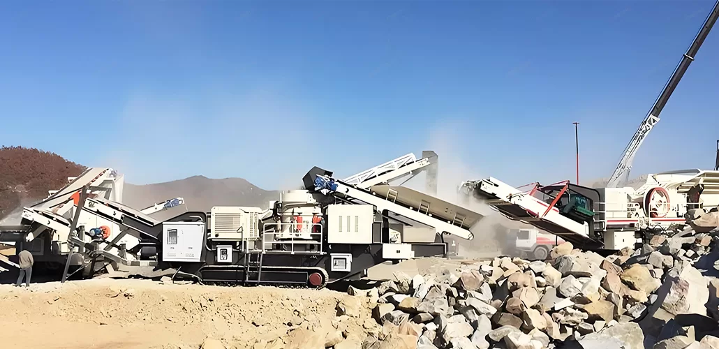 Tracked cone crusher operating alongside a mobile jaw crusher