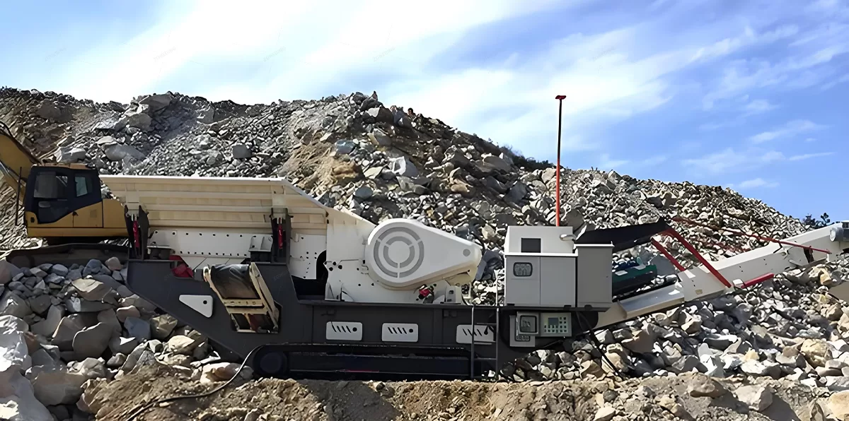 Tracked jaw crusher operating in a hard rock quarry